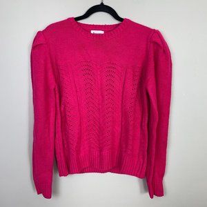 &Merci Fuschia Pink Crew Neck Puff Shoulder 80's Inspired Sweater - Size Large
